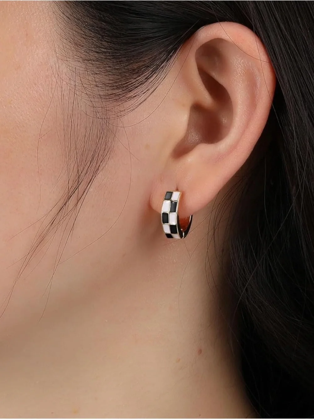 Anthropologie Gold Hoop Earrings with Black and White Check Inlay